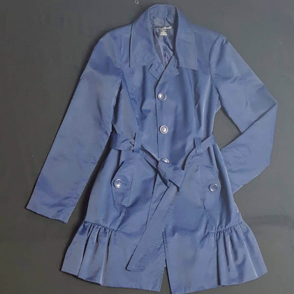 Willi Smith Coat Sz M Blue Trench Ruffle Hem Tie